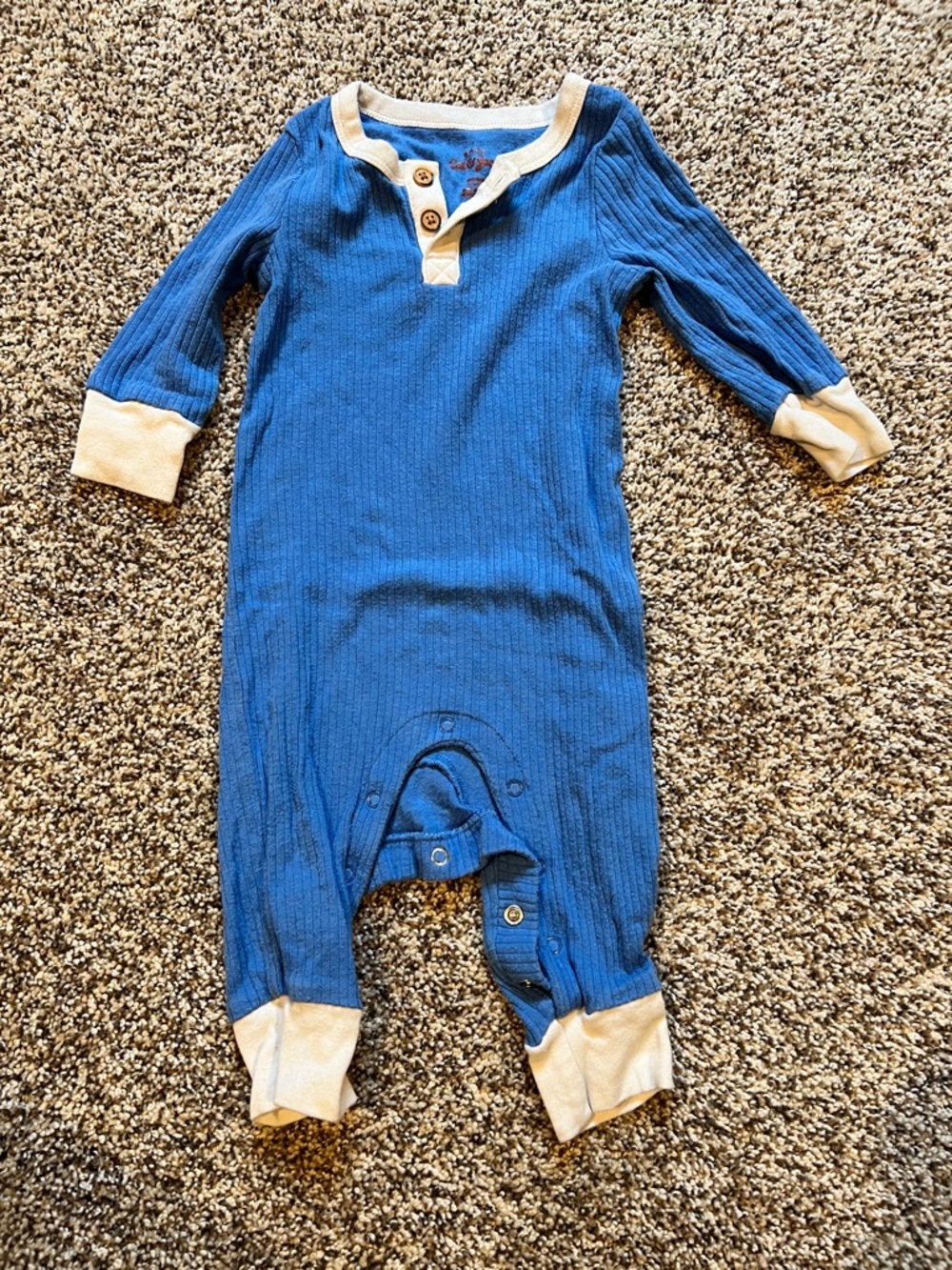 Blue Ribbed Long-Sleeve Baby One-Piece with Contrasting Cuffs